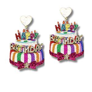 Happy Birthday Vegan Leather Glitter Bling Statement Gift Earrings